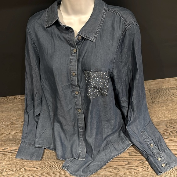 BADGLEY Mischka denim loose fit rhinestone pocket shirt Sz XL - Picture 11 of 11